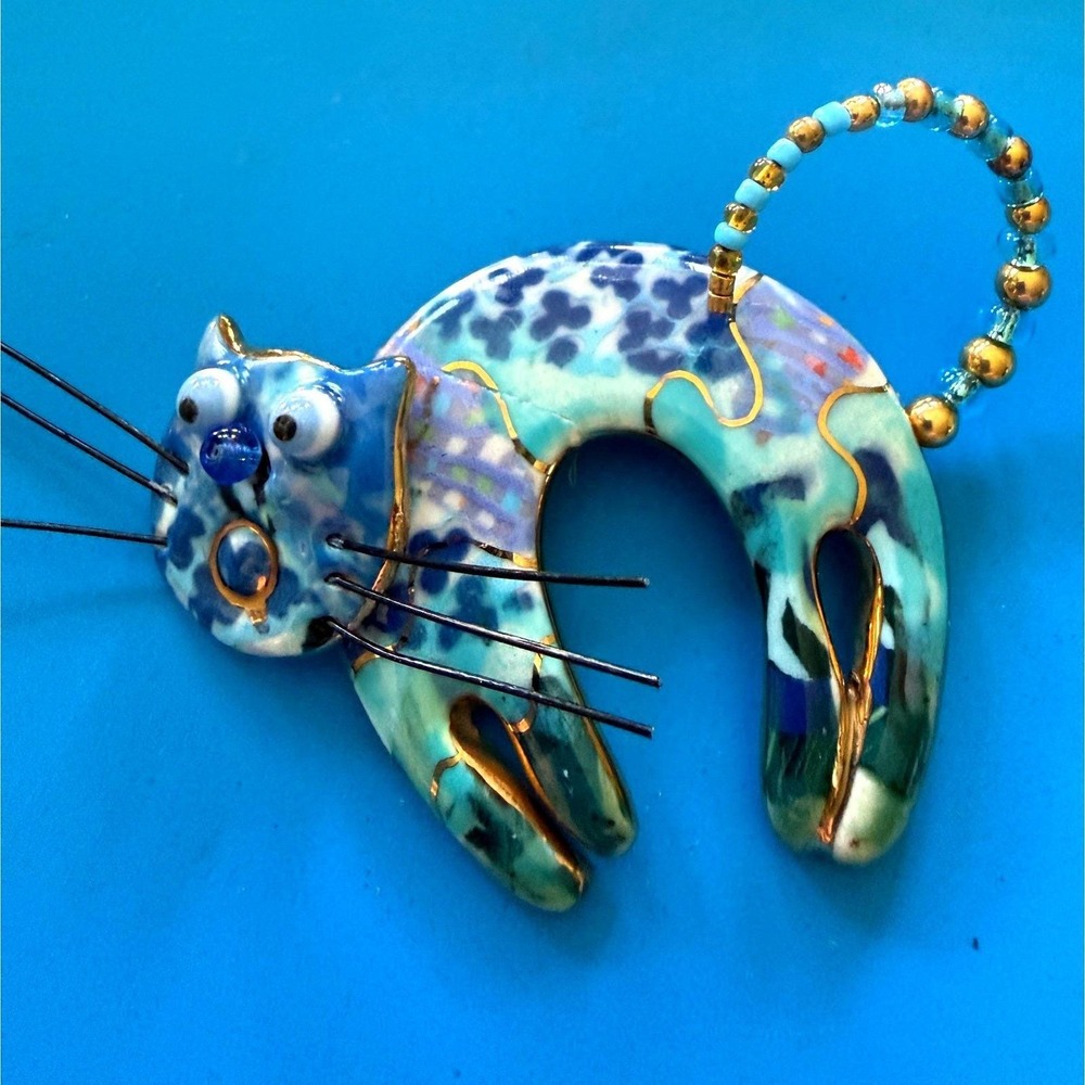 Vintage Cat Brooch Pin Signed Blue Whiskers Cynthia Chuang Articulated Beaded